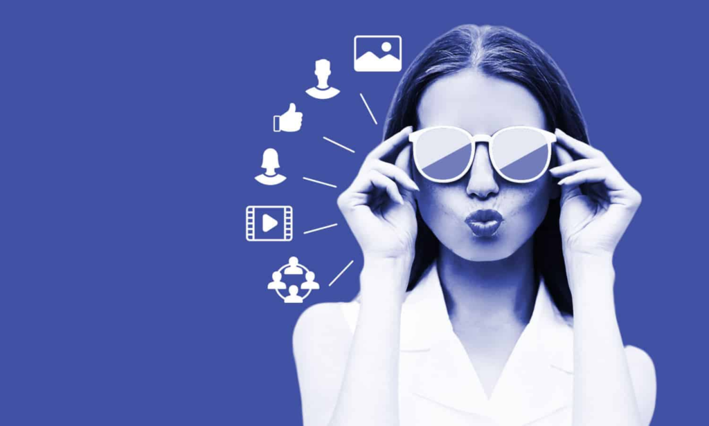 a young woman wearing sunglasses. She is making a kissing face at the camera. There are several social media icons around her.