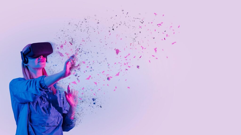 The picture shows a woman wearing a virtual reality headset.