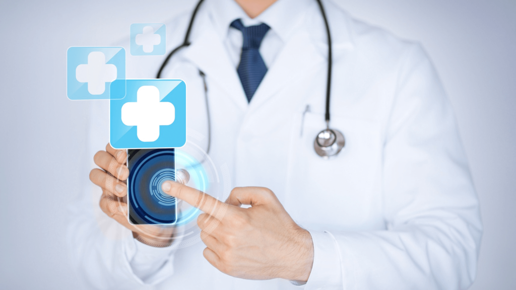 Doctor holding smartphone with medical app icons - Webco Marketing Blogs