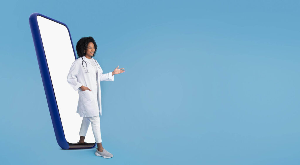 A female doctor in a white coat stands beside a phone google maps ads for medical centers webco marketing blogs