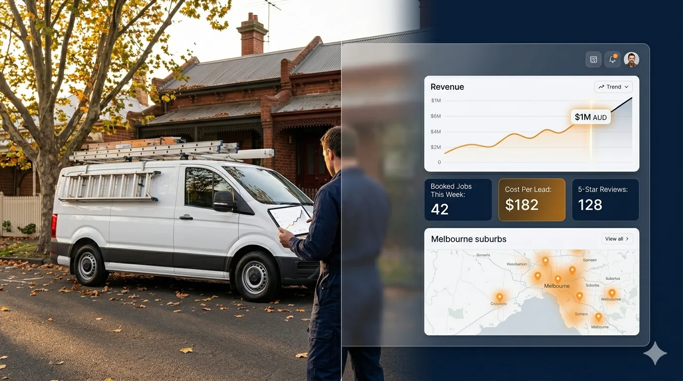 How to grow a trade business in Melbourne — tradie with growth dashboard showing revenue crossing $1M
