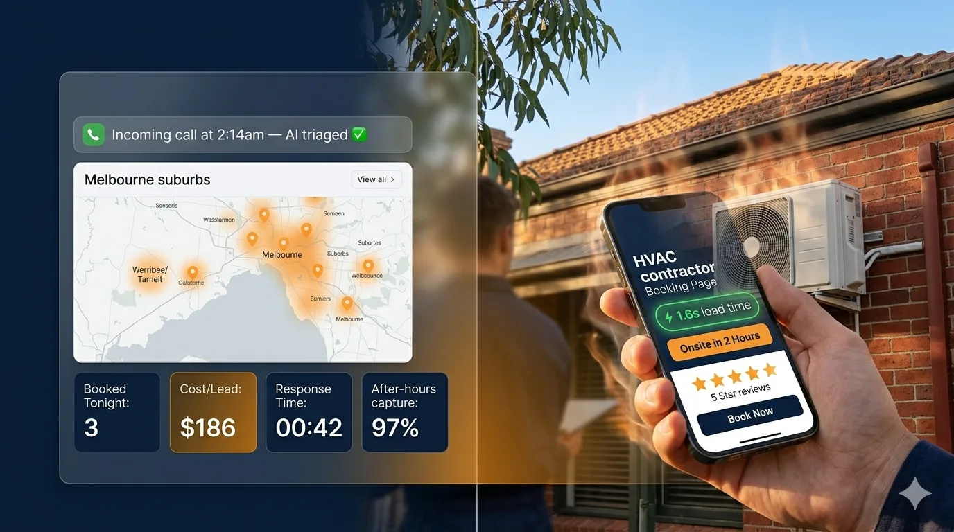 Marketing company for HVAC contractors — fast-loading mobile booking page with AI lead dashboard over a Melbourne heatwave scene