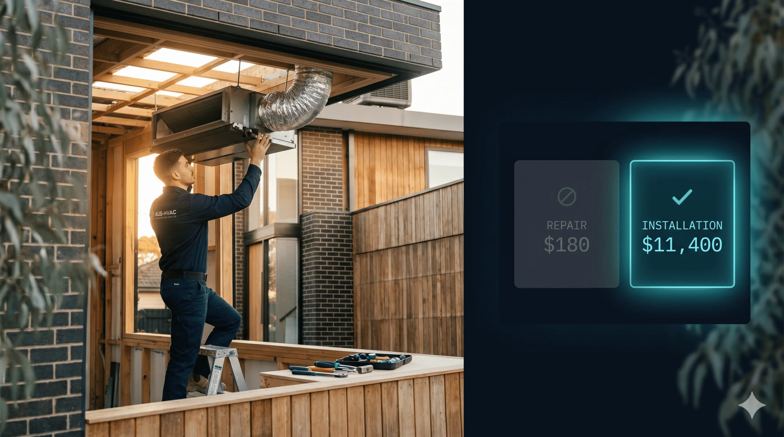 Australian HVAC installer placing ducted air conditioning unit in a Melbourne home alongside a dashboard comparing a low-value repair lead with a high-value installation lead