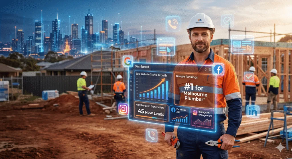 A modern Australian tradie (electrician/plumber) wearing a high-vis shirt and helmet, standing confidently with tools in hand, looking at a glowing holographic digital dashboard showing SEO graphs, Google rankings, leads, and social media icons. In the background, a suburban Australian construction site blends into a futuristic digital city skyline. Bright blue and orange lighting contrast (trust + energy), with floating icons like Google, Facebook Ads, website UI, and phone call notifications. Clean, professional, high-conversion marketing style, cinematic lighting, ultra-realistic, sharp focus, depth of field, 4K quality. Text space on left side for headline.