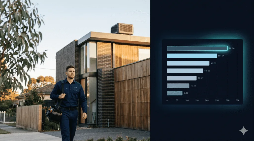 HVAC technician walking to Melbourne job alongside data dashboard showing 7 lead generation channels ranked by cost per booked job in Australia