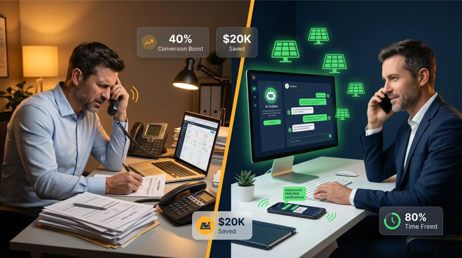 case study - split-scene image representing AI-powered solar sales transformation