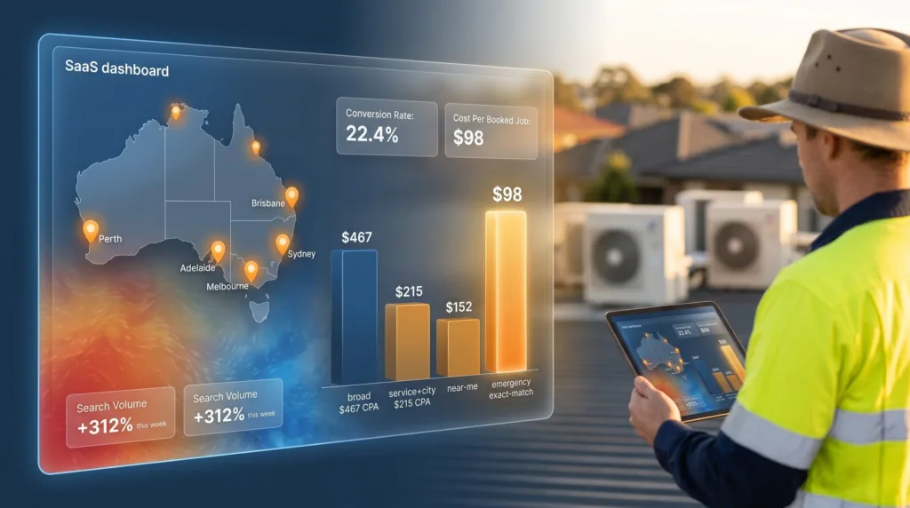 HVAC keywords Australia 2026 &mdash; digital search-demand dashboard with cost-per-booked-job comparison and Australian map heat overlay