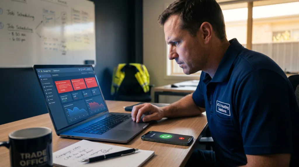 HVAC business owner reviewing Google Ads dashboard on laptop showing wasted spend with incoming call notification Google Ads for HVAC Australia 2026
