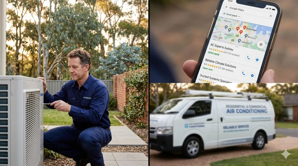 HVAC technician beside ducted system with Google Maps local pack results on phone &mdash; HVAC SEO Australia 2026