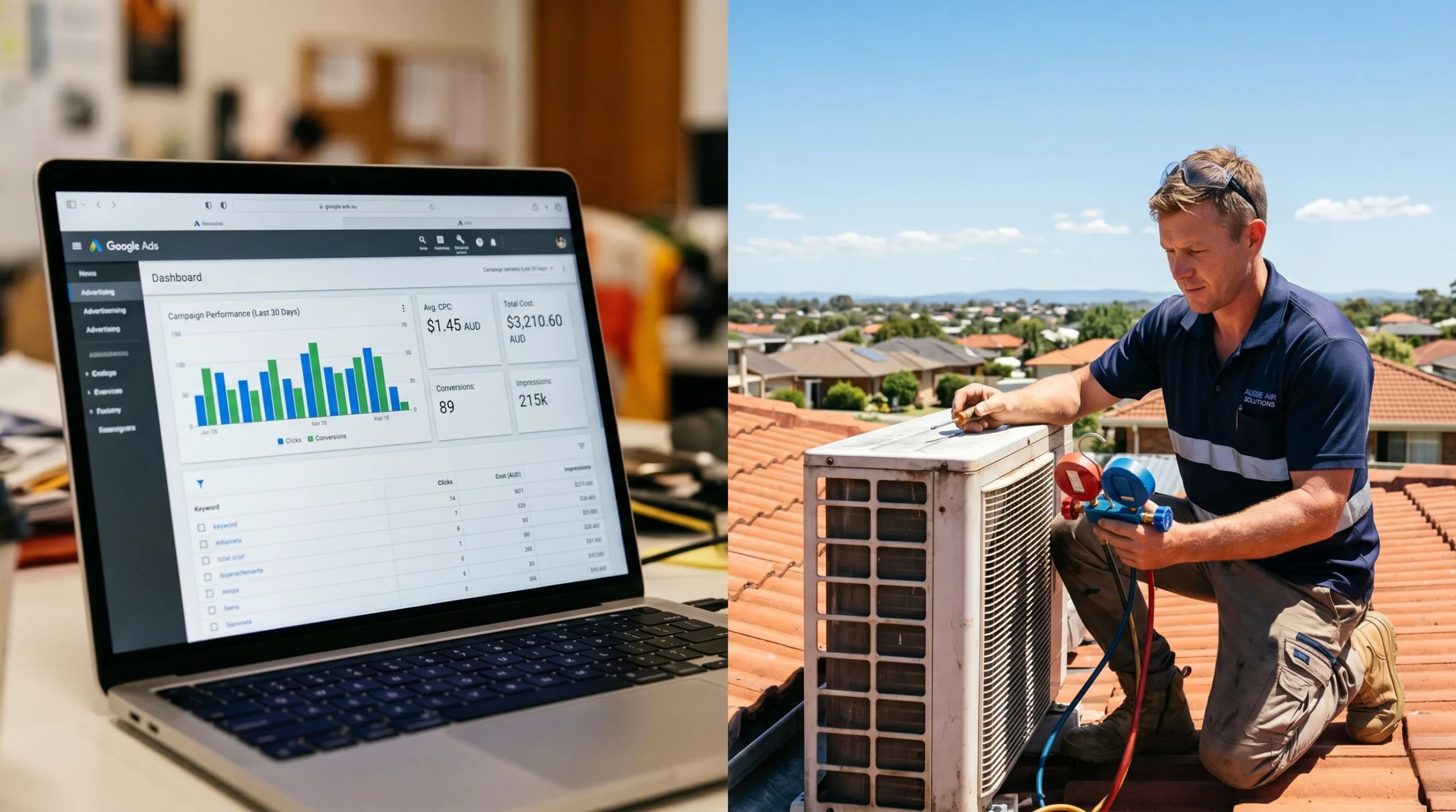 HVAC contractor and Google Ads CPC dashboard showing Australian campaign cost data — PPC for HVAC contractors 2026