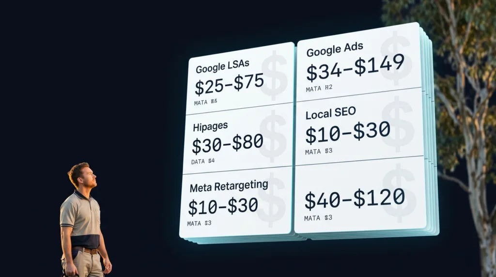 Pricing breakdown of HVAC lead generation channels in Australia 2026 — Google LSAs, Google Ads, Hipages, local SEO and Meta retargeting cost ranges