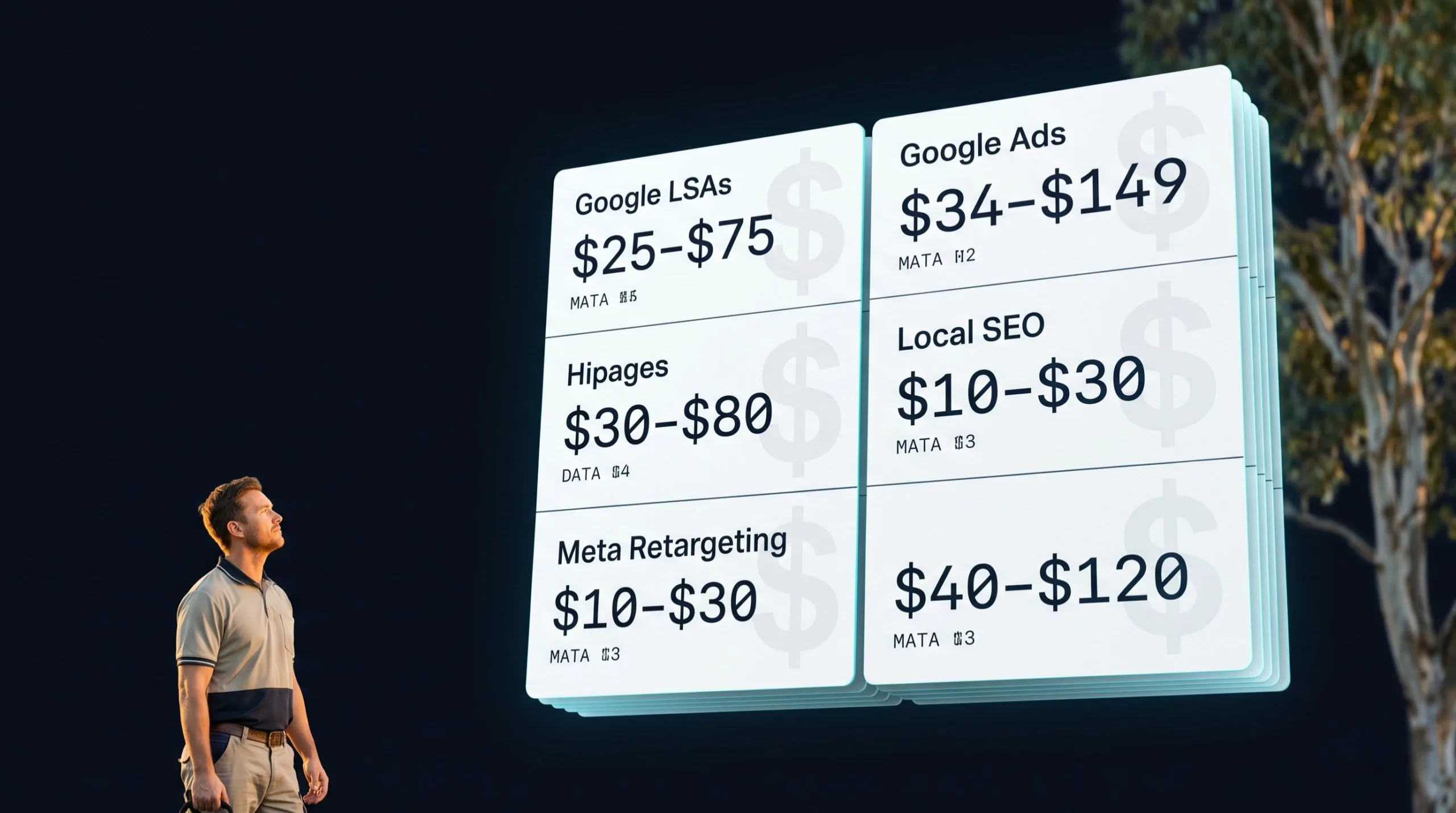 Pricing breakdown of HVAC lead generation channels in Australia 2026 — Google LSAs, Google Ads, Hipages, local SEO and Meta retargeting cost ranges