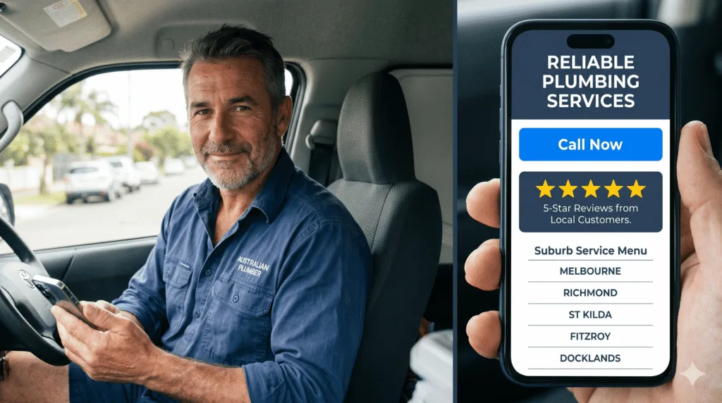 Best plumber website design examples in Australia shown on a mobile phone with a tap-to-call booking screen and 5-star reviews