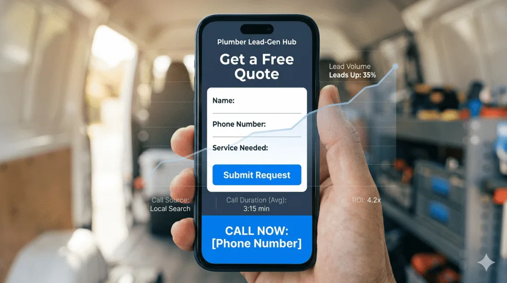 Plumber website built for lead generation shown on a phone with a quote form, sticky call button and a rising leads graph