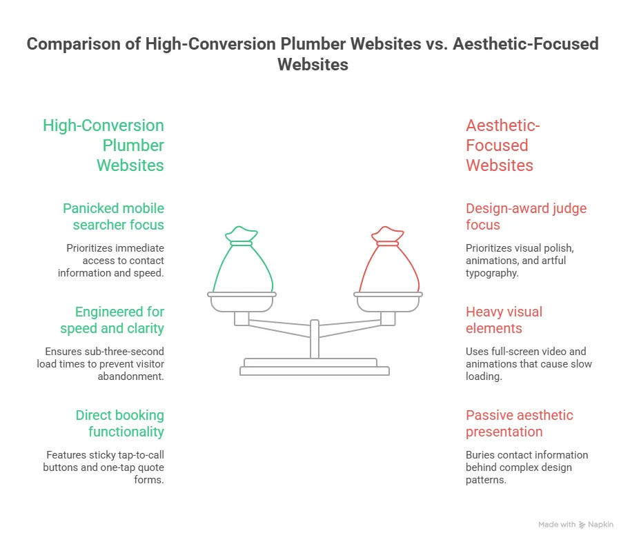 Comparison of High-Conversion Plumber Websites vs. Aesthetic-Focused Websites