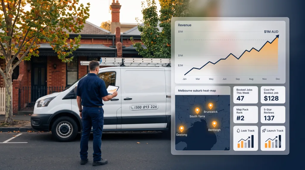 Plumbing marketing agency Australia — Australian plumber van and digital lead dashboard showing booked plumbing jobs across Melbourne suburbs