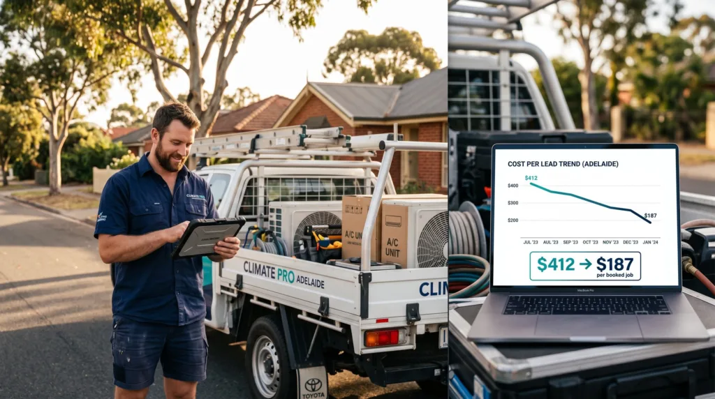 PPC marketing services dashboard showing cost per booked job falling for an Australian air conditioning business owner reviewing campaign results