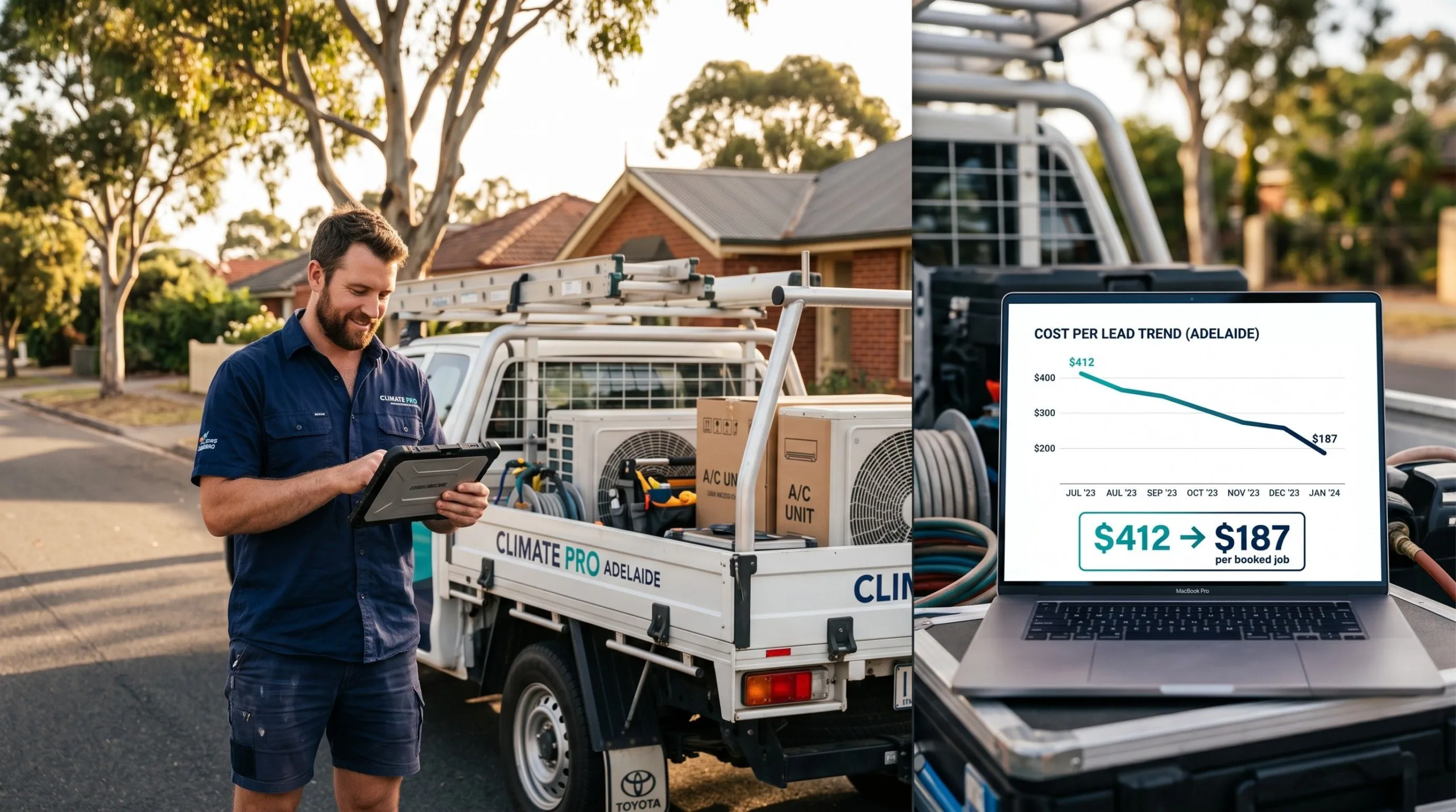 PPC marketing services dashboard showing cost per booked job falling for an Australian air conditioning business owner reviewing campaign results