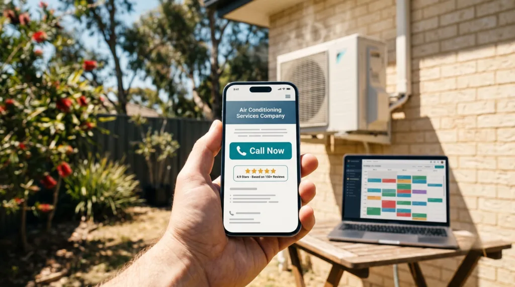 HVAC website design Australia example on mobile with sticky call button converting an air conditioning visitor into a booked job