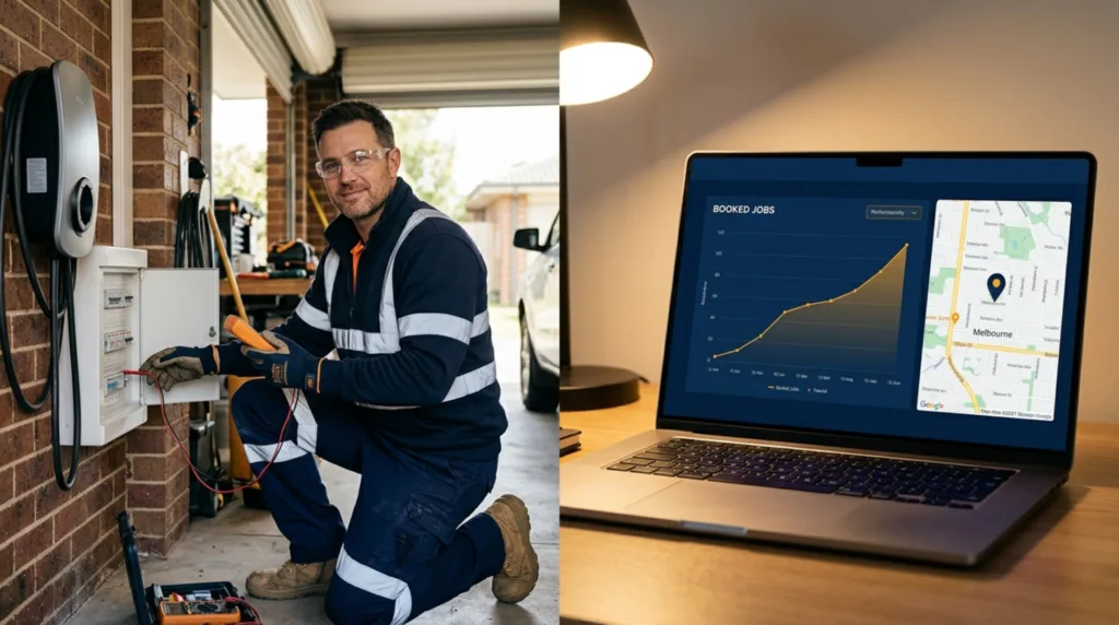 Australian electrician in hi-vis reviewing a booked-jobs dashboard beside a switchboard and EV charger, illustrating digital marketing for electricians in Australia.