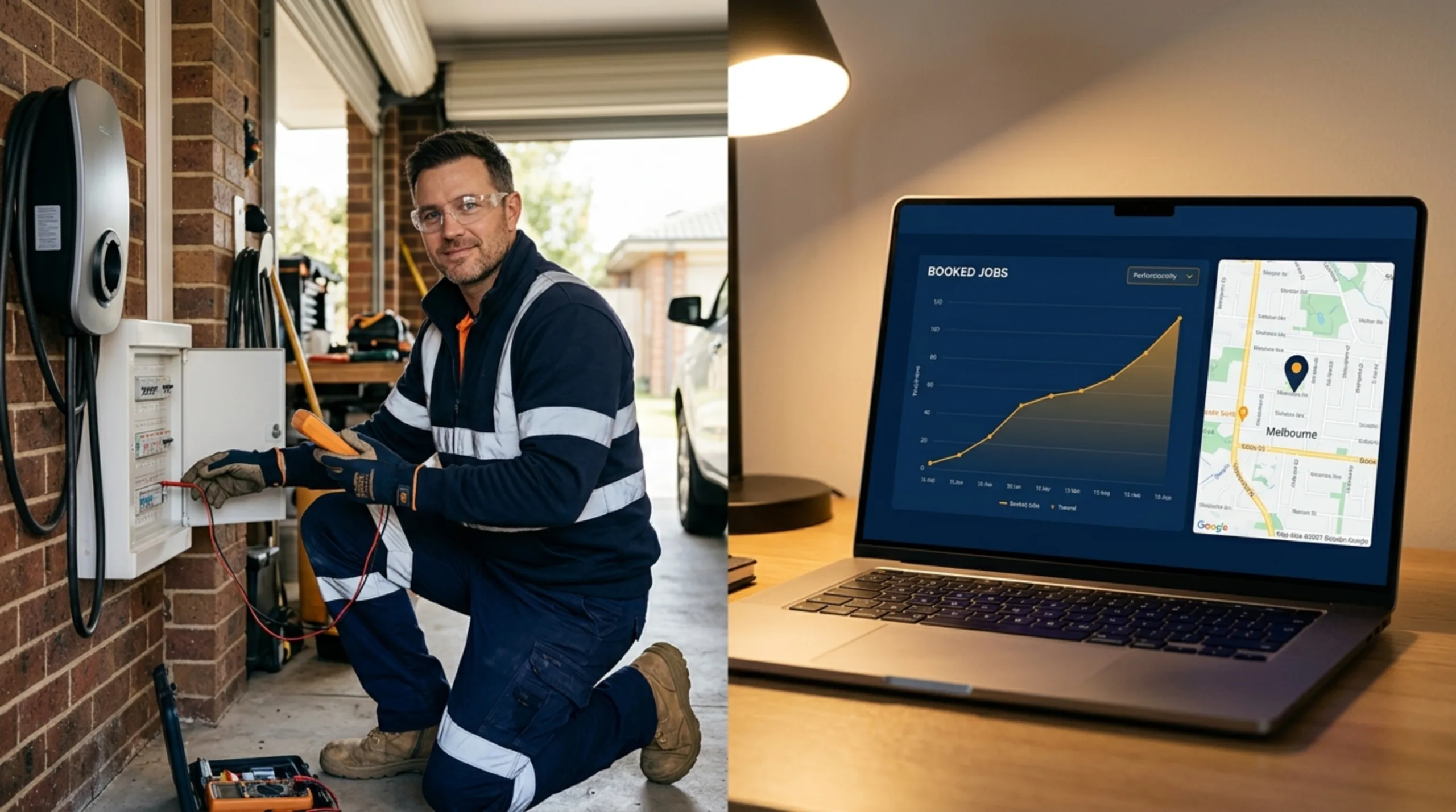 Australian electrician in hi-vis reviewing a booked-jobs dashboard beside a switchboard and EV charger, illustrating digital marketing for electricians in Australia.