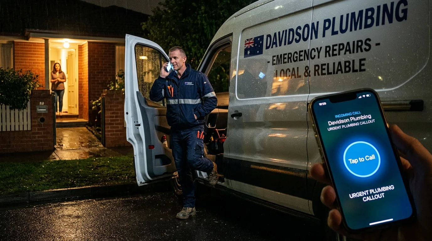 Emergency plumber leads captured at night as an Australian plumber answers a burst-pipe call with a tap-to-call phone screen.