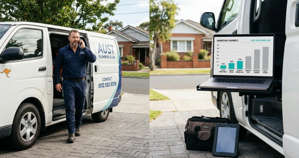Plumbing lead generation in Australia shown as a channel ranking by cost per booked job beside an Australian plumber and work van.