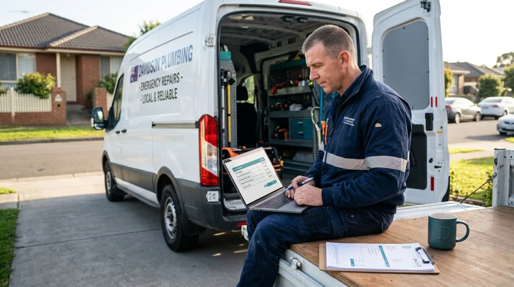 Plumbing leads cost in Australia shown as a 2026 price breakdown by channel on a plumber's laptop beside a work van.
