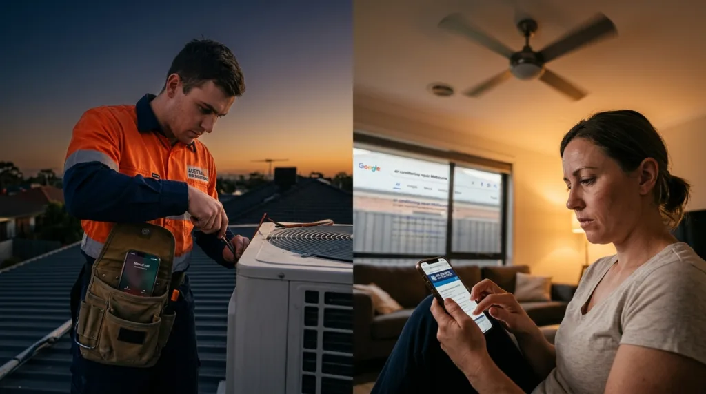 HVAC technician on a rooftop job misses a call while an Australian homeowner texts a competitor during a heatwave, showing why missed call text-back matters.