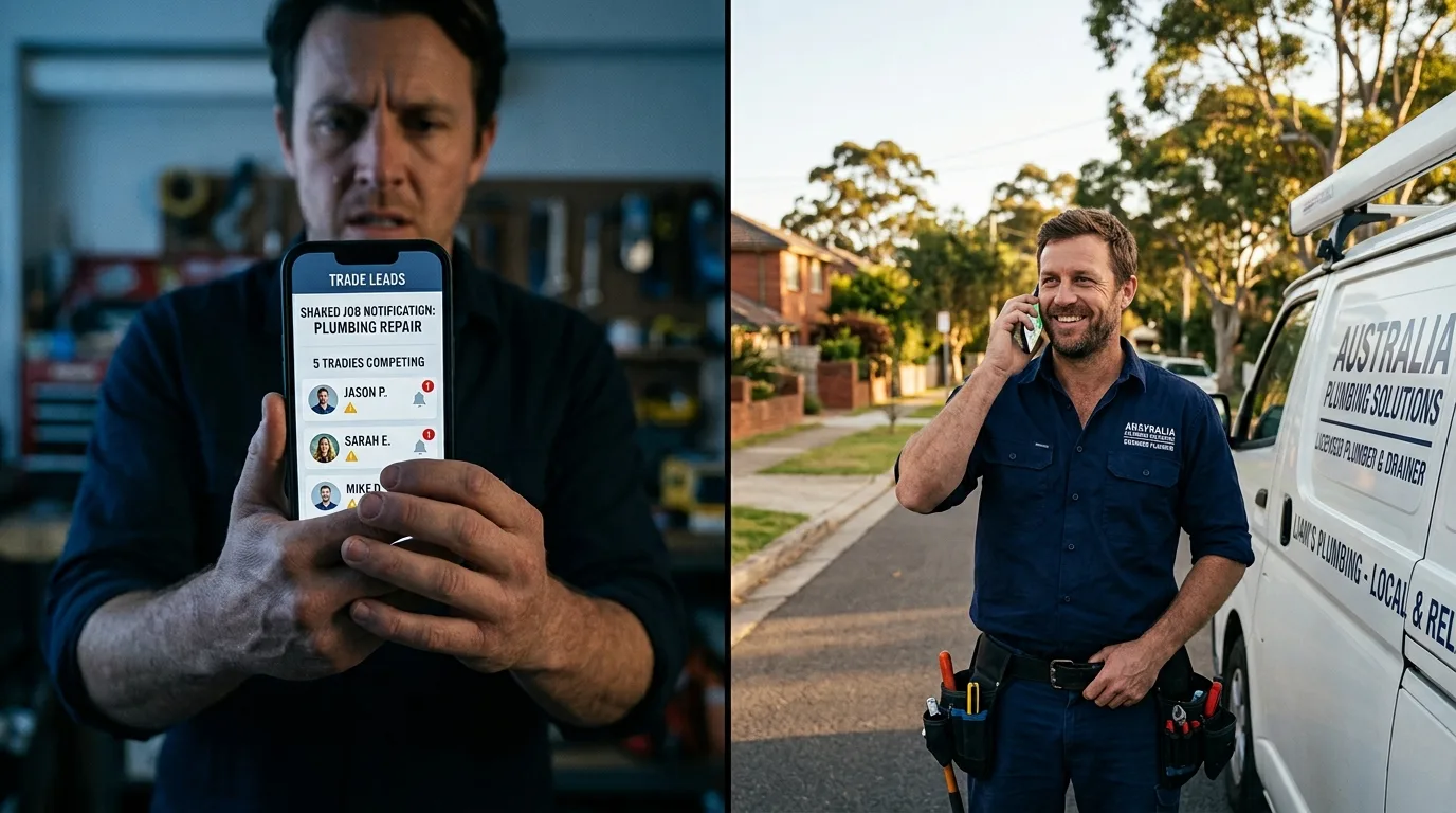 Buying plumbing leads versus building your own pipeline, a shared trade-leads app beside a plumber taking a direct call at their own van.