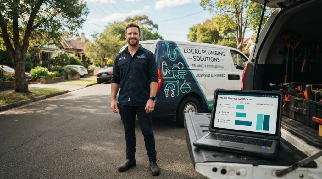marketing ideas for plumbers ranked by cost per booked job on a plumber's laptop