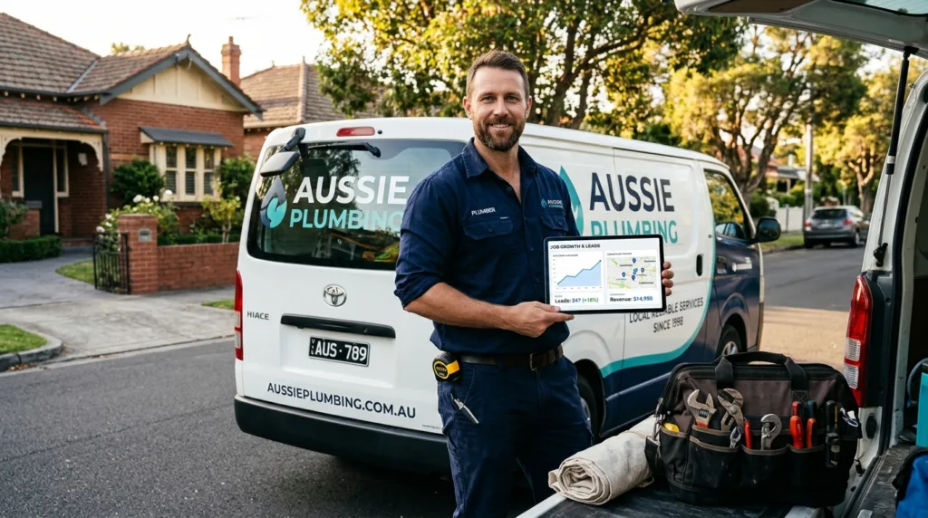 Plumbing marketing in Australia guide shown on a plumber's tablet dashboard beside a work van